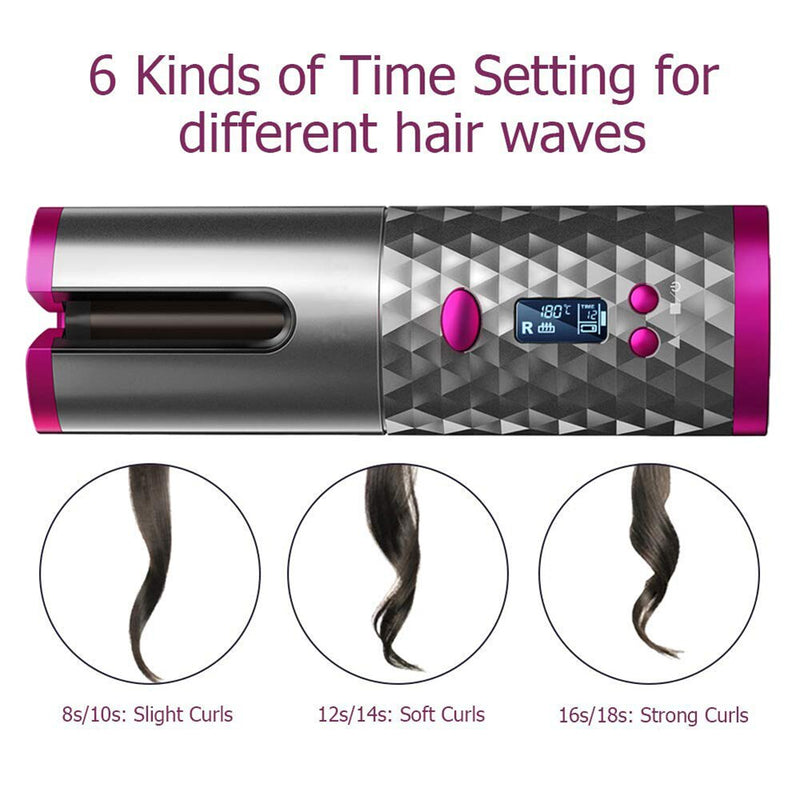 Cordless Auto Rotating Ceramic Hair Curler USB Rechargeable Curling Iron LED Display Temperature Adjustable Curling Wave Styer