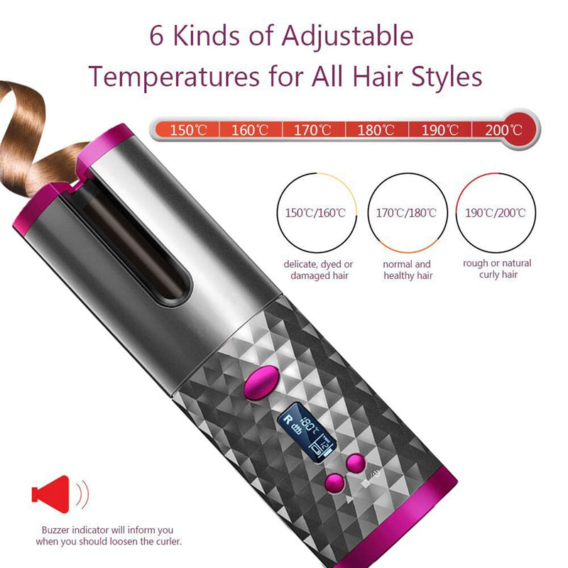 Cordless Auto Rotating Ceramic Hair Curler USB Rechargeable Curling Iron LED Display Temperature Adjustable Curling Wave Styer