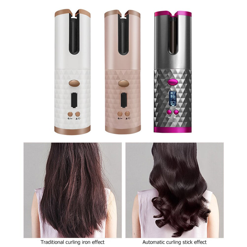 Cordless Auto Rotating Ceramic Hair Curler USB Rechargeable Curling Iron LED Display Temperature Adjustable Curling Wave Styer