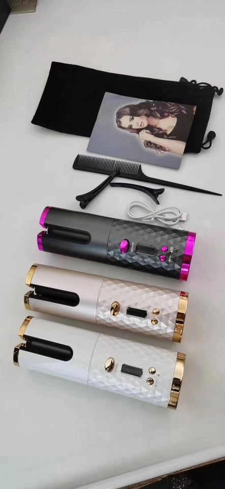 Cordless Auto Rotating Ceramic Hair Curler USB Rechargeable Curling Iron LED Display Temperature Adjustable Curling Wave Styer